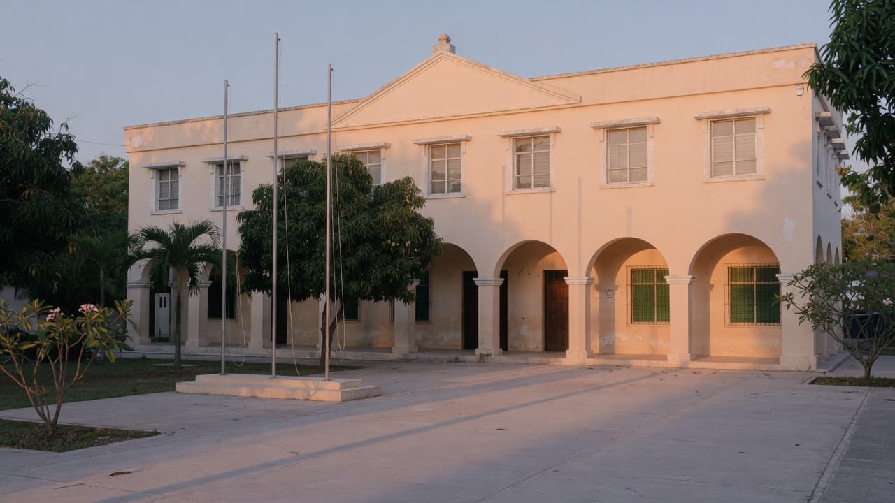 Cream-colored municipal government building with an arcaded facade and flagpoles at golden hour, an empty plaza in front.